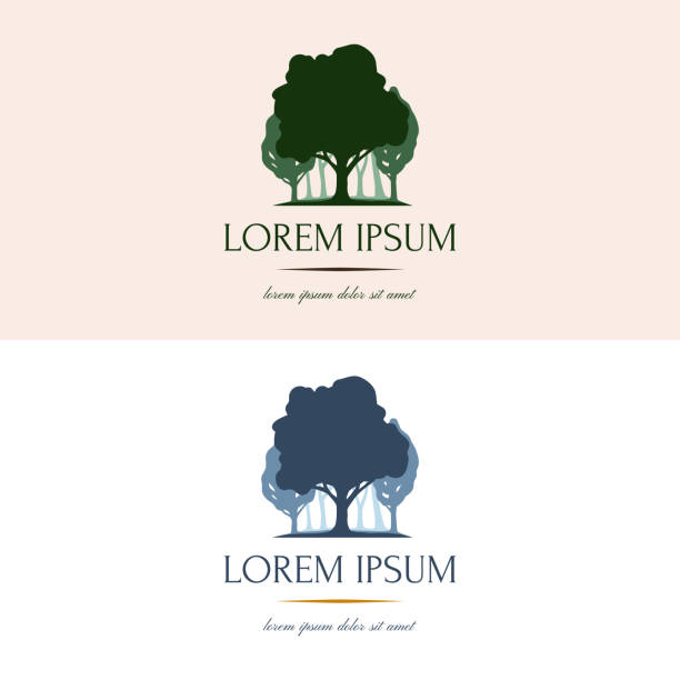 Vector with silhouette of a tree and forest. Concise and clear nature logotype, emblem for your company, business Eco, environment, gardening concepts oak tree stock illustrations
