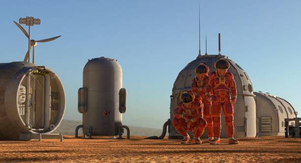 istock Mars colony. Expedition on alien planet. Life on Mars. 3d Illustration. 864983180