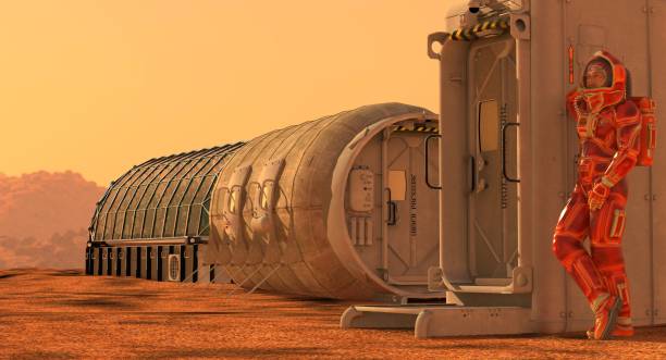 istock Mars colony. Expedition on alien planet. Life on Mars. 3d Illustration. 864983408