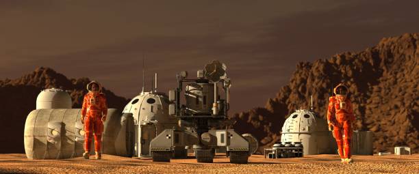 istock Mars colony. Expedition on alien planet. Life on Mars. 3d Illustration. 864983468