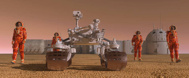 istock Mars colony. Expedition on alien planet. Life on Mars. 3d Illustration. 864983940
