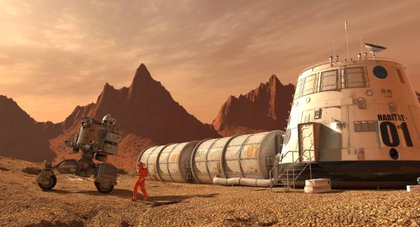 mars colony. expedition on alien planet. life on mars. 3d illustration. - colony imagens e fotografias de stock