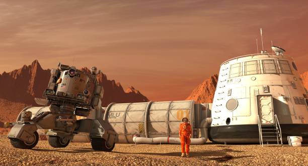 istock Mars colony. Expedition on alien planet. Life on Mars. 3d Illustration. 864984248