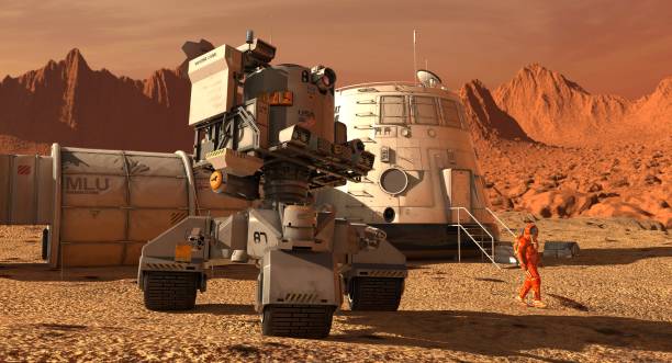 istock Mars colony. Expedition on alien planet. Life on Mars. 3d Illustration. 864984316
