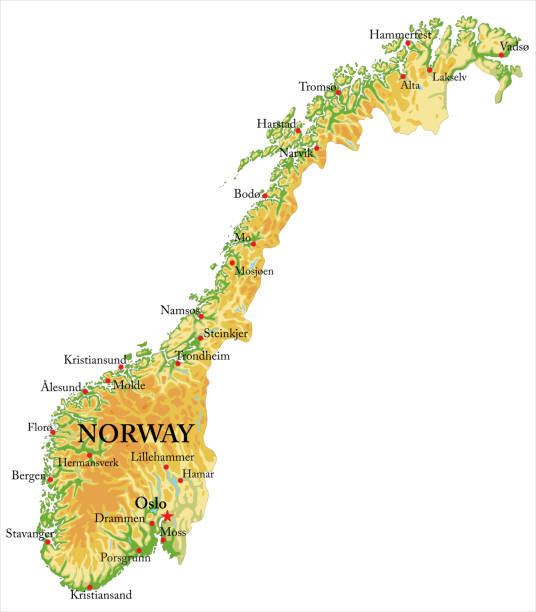 illustrazioni stock, clip art, cartoni animati e icone di tendenza di mappa del rilievo norvegese - map of norway