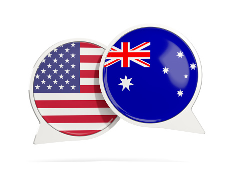 Chat bubbles of USA and Australia isolated on white. 3D illustration