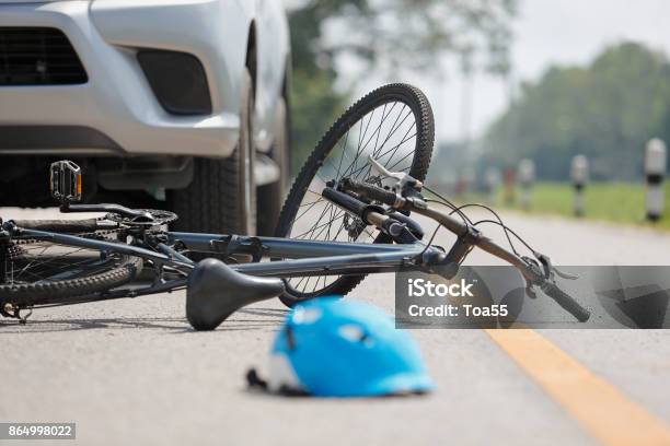 Accident Car Crash With Bicycle On Road Stock Photo - Download Image Now - Cycling, Bicycle, Crash