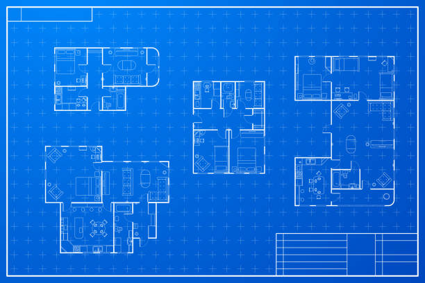 Set of different blueprint house plans Set of different blueprint house plans floor length stock illustrations