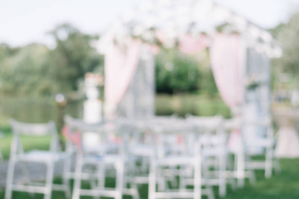 istock Beautiful summer wedding ceremony outdoors. Decorated chairs stand on the grass. Wedding arch made of light cloth and white and pink flowers on a green natural background. Empty seats, blurred focus 865014970