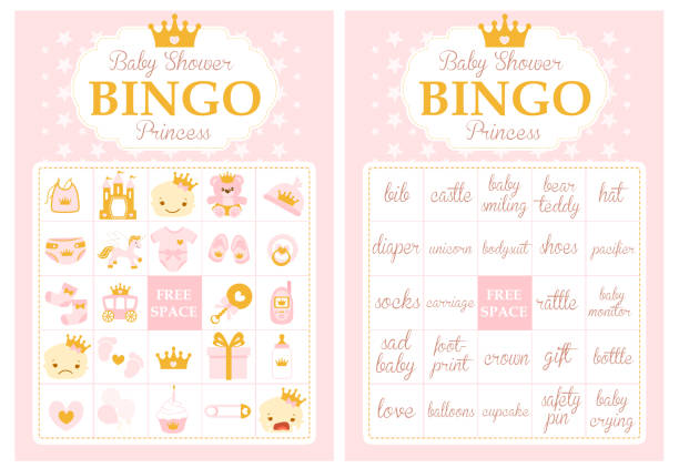 illustrazioni stock, clip art, cartoni animati e icone di tendenza di festa con baby shower principessa rosa e oro. gioco di bingo. - body shape