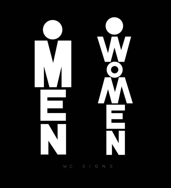 WC signs white Toilet door plate lettering men and women drawing with white on black background mens room stock illustrations