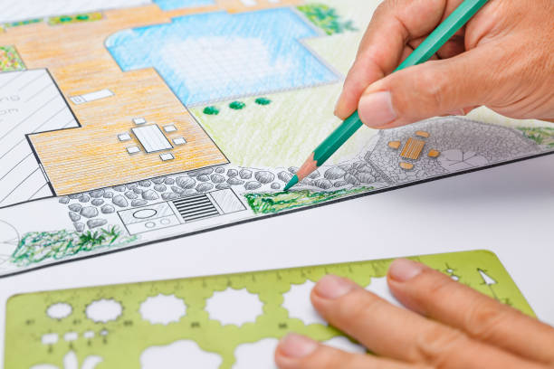 istock Backyard garden and pool design plan for villa. 865025912