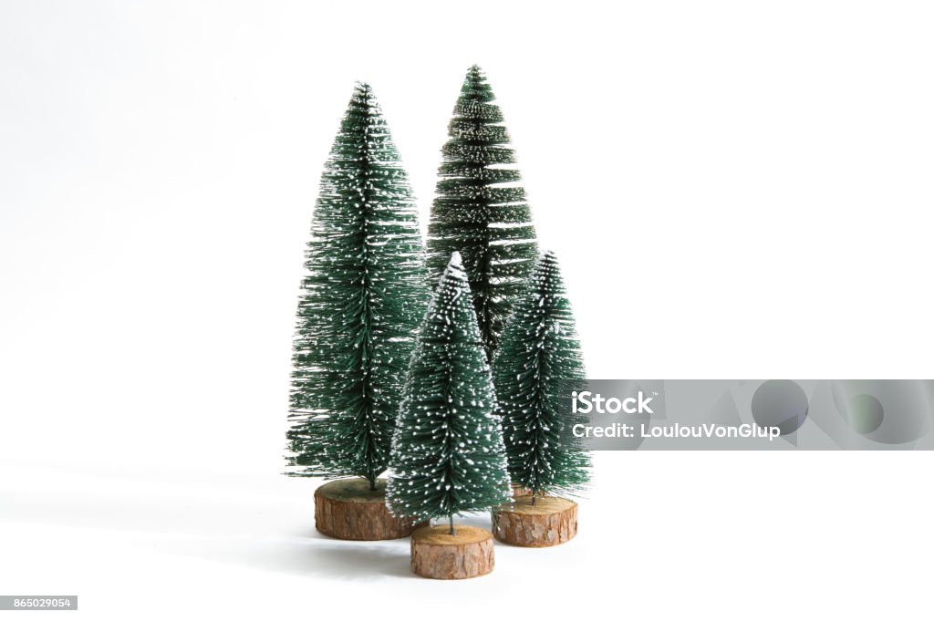 group of snow firs Isolated group of full artificial firs like a small forest tree on a white background. Minimal still life photography Christmas Stock Photo