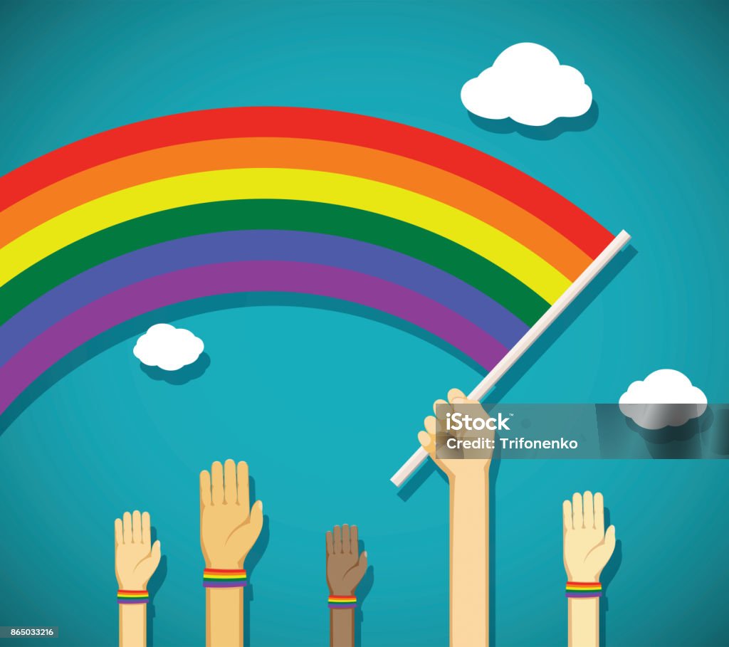 gay rainbow flag Man hold in his hand a gay rainbow flag. Symbol of LGBT community. Stock vector cartoon illustration. Hand stock vector