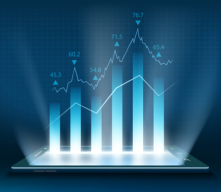 Stock market data on the smartphone screen. Graph with financial information. Vector illustration.