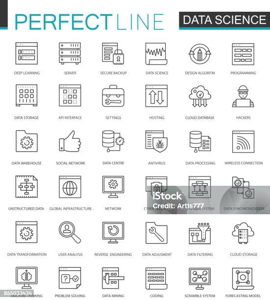 Data Science Thin Line Web Icons Set Data Analysis Outline Stroke Icons Design Stock Illustration - Download Image Now