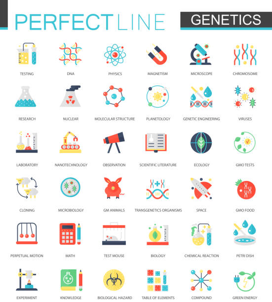 ilustrações, clipart, desenhos animados e ícones de conjunto de vetores de planas ícones de genética bioquímica. - biotechnology research agriculture science