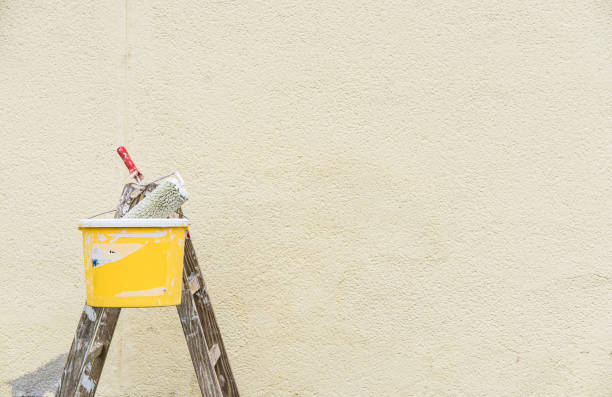 Painter ladder with bucket and paint roller in front of an exterior wall
