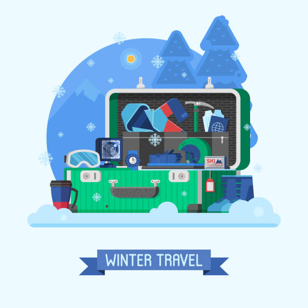 illustrations, cliparts, dessins animés et icônes de valise de voyage hivernal complètement bourré - ski travel symbol suitcase