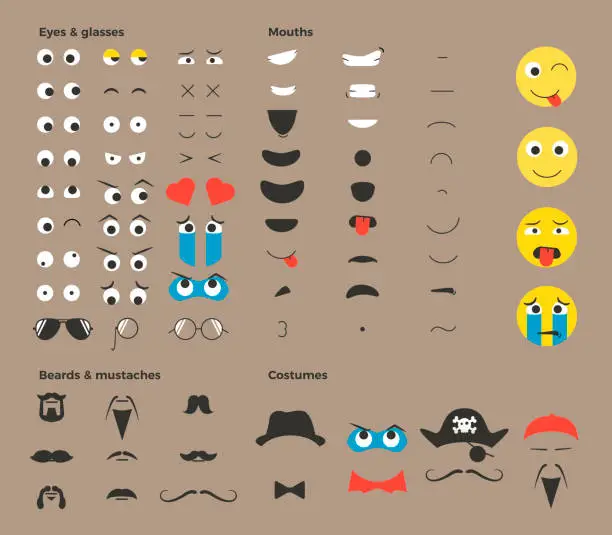 Vector illustration of Make your own emoji smiley. Vector eps file easily editable for you to make thousands of your own variations of emoticons. Eyes, mouths, beards, accessories, costumes etc. Flat version