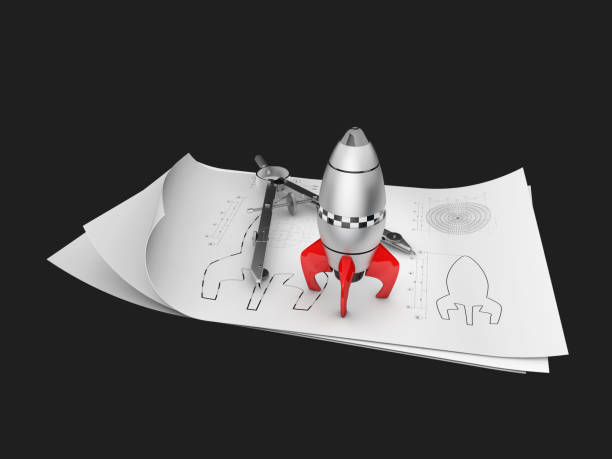 istock A rocket space ship on the drawing, isolated black. Simple retro spaceship. 3d illustration 865042020