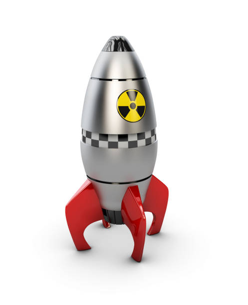 istock 3d illustration of rocket space ship take off, isolated white. Simple retro spaceship. 865042036