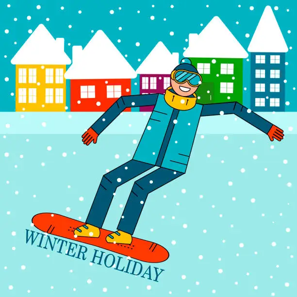 Vector illustration of Happy boy snowboarder jumping on a snowboard. Snow houses landscape with quote "Winter holiday".