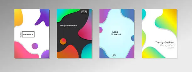 Vector illustration of 4 covers with fluid shapes and colors. Trendy fine design backgrounds with liquid bubbles in vector format