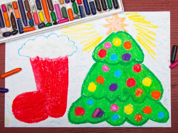 istock Colorful drawing: Christmas tree and red Christmas sock 865046512