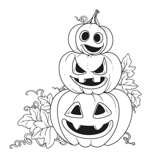 Three lantern from pumpkins with the cut out of a grin stand one Three lantern from pumpkins with the cut out of a grin stand one on another outlined for coloring page autumn coloring pages stock illustrations