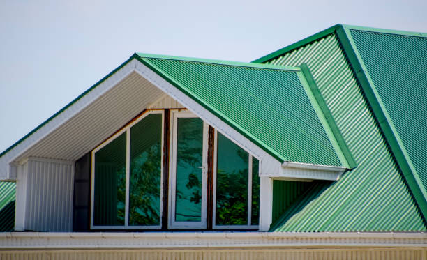 das haus mit kunststoff-fenster und einem grünen dach aus wellblech. gründach wellenprofil aus metall und kunststoff-fenster. - conjugation stock-fotos und bilder