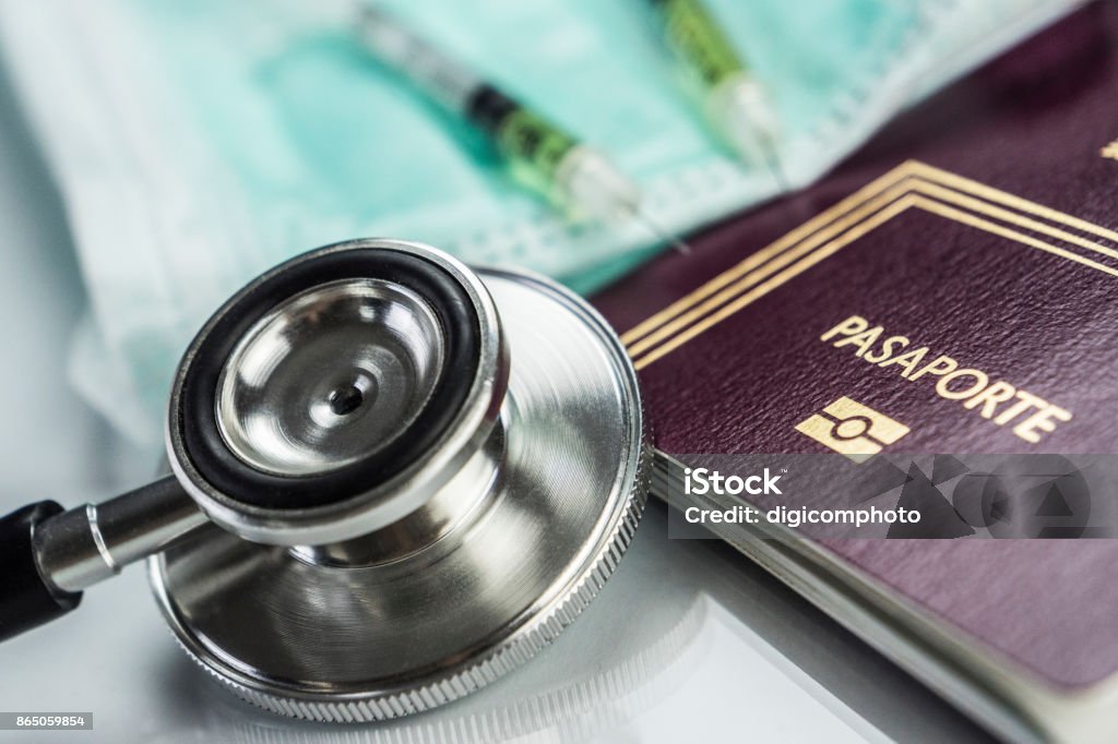 basic medicine elements to travel abroad, conceptual image Healthcare And Medicine Stock Photo