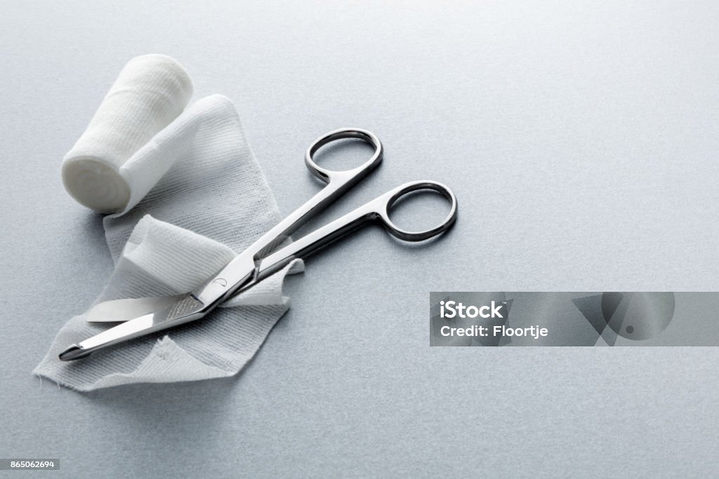 Medical: Bandage and Scissors Still Life Wound Stock Photo