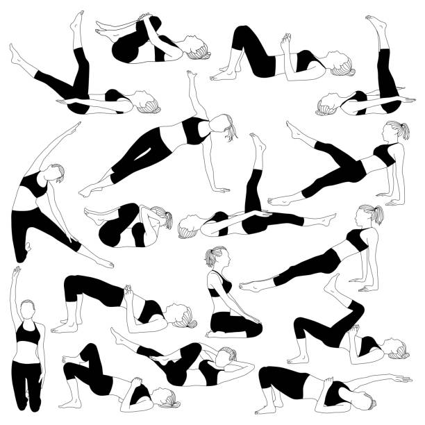 set_of_sport_girls - exercising relaxation exercise sport silhouette stock illustrations