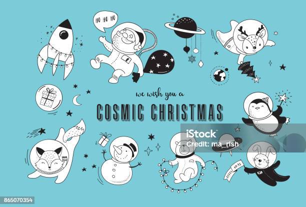 Cosmic Xmas Illustrations With Santa Penguin Deer Fox And A Space Ship Stock Illustration - Download Image Now