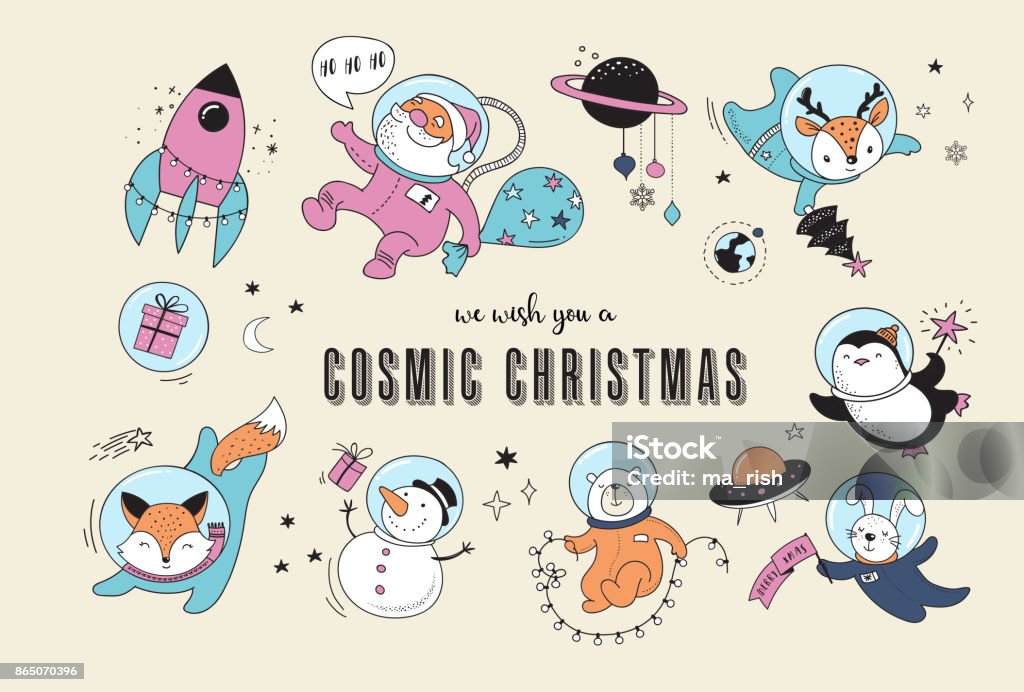 Cosmic Xmas illustrations,  with Santa, Penguin, Deer, Fox and a space ship Merry Christmas - Cosmic Xmas, space winter illustrations, Santa, Penguin, Deer, Fox and space ship Asteroid stock vector