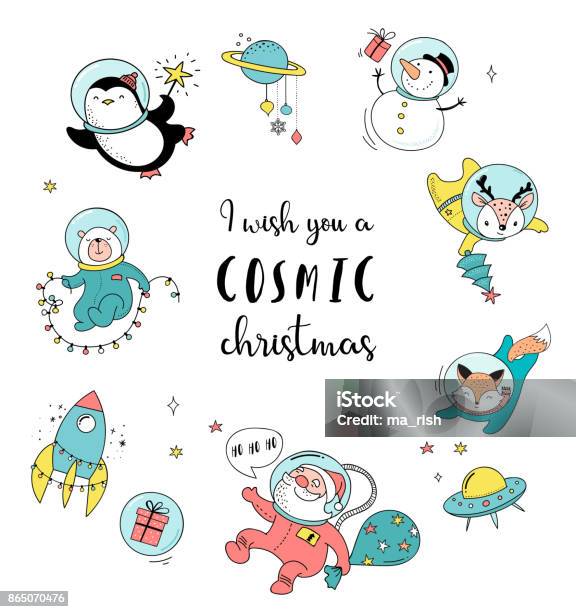 Merry Cosmic Xmas Greeting Card Template Stock Illustration - Download Image Now - Christmas, Astronaut, Rocketship