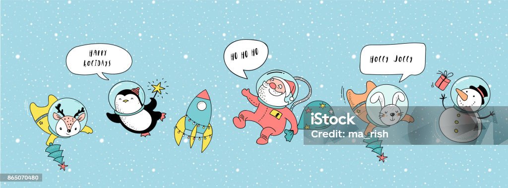 Merry Cosmic Xmas greeting card template Merry Christmas - Cosmic Xmas, space winter illustrations, Santa, Penguin, Deer, Fox and space ship Asteroid stock vector