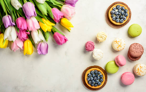 istock bouquet of tulips on white background. Top view. 865074564