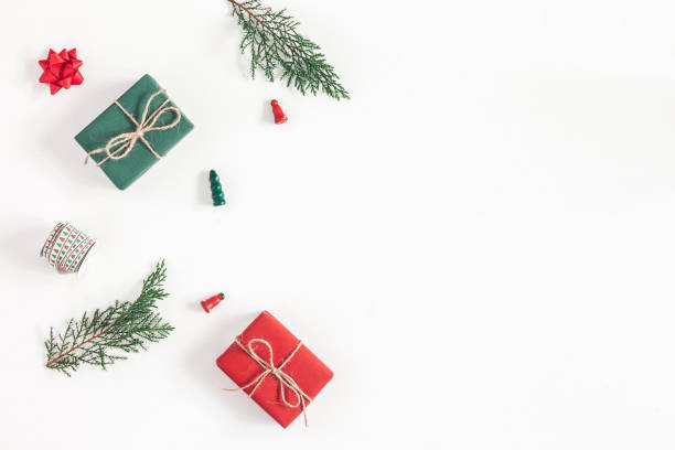 istock Christmas gifts, pine branches, toys. Flat lay, top view 865074802