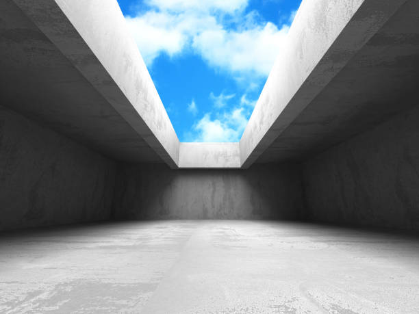 istock Concrete room wall construction on cloudy sky background 865075078