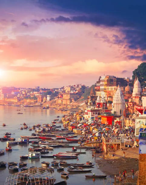 Holy town Varanasi and bank of the Ganges river with ghats