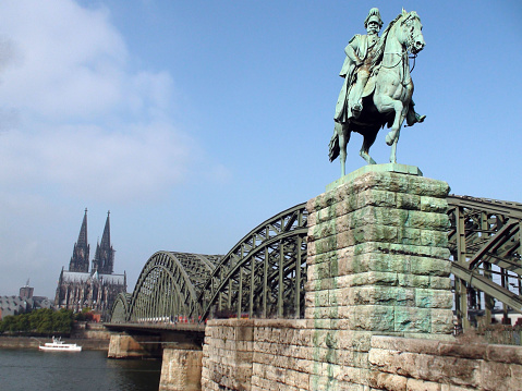 German Emperor Wilhelm 1 Statue,Hohenzollern Bridge And Cologne Cathedral View In Germany Europe