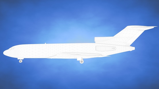 outlined 3d rendering of an airplane inside a blue studio