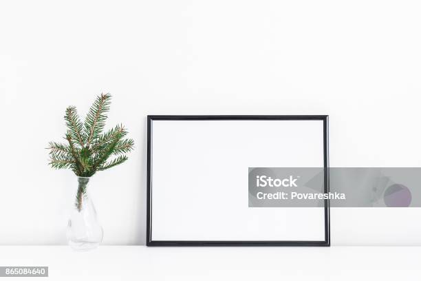 Black Frame And Christmas Tree Branches Front View Stock Photo - Download Image Now