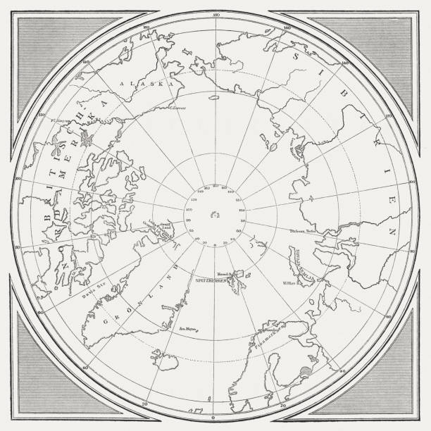 ilustraciones, imágenes clip art, dibujos animados e iconos de stock de mapa histórico del ártico, grabado en madera, publicado en 1882 - svalbard islands