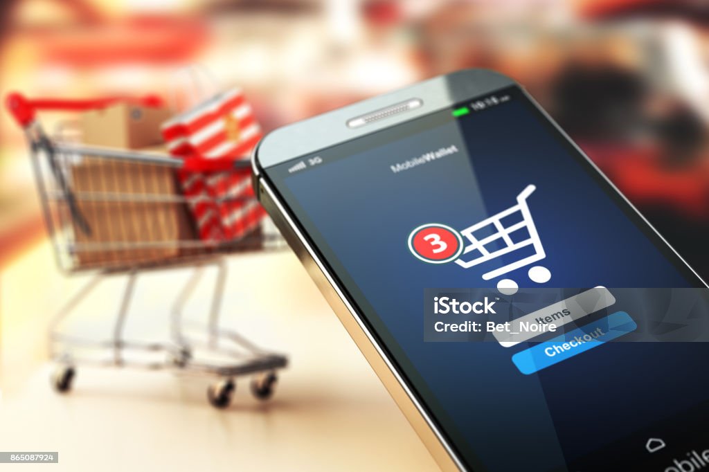Online shopping concept nackground. Mobile phone or smartphone with cart and boxes and bag. Online shopping concept nackground. Mobile phone or smartphone with cart and boxes and bag. 3d E-commerce Stock Photo