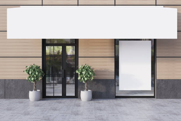 istock Beige cafe exterior with a white poster 865088256