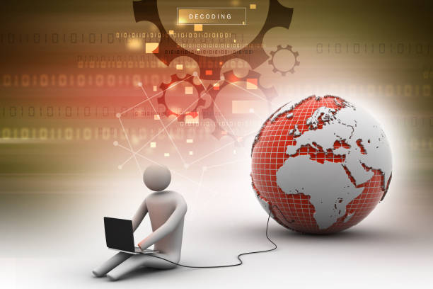 istock man sitting near the globe with Laptop 865088436