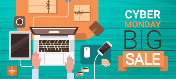 istock Cyber Monday Big Sale Poster With Hands Typing On Laptop Computer, Online Shopping Banner Angle View 865095246